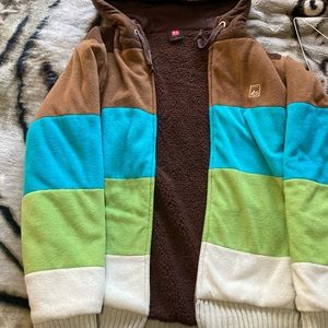 Layered Colorblock Hooded Puffer Jacket - Brown/Turquoise/Green/Cream